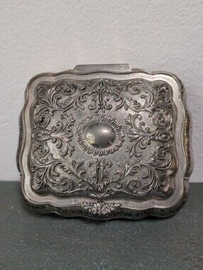 Vtg Unsigned Silver Plated Square Trinket Jewelry Box Ornate Red Velvet Lining